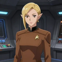 anime of young attractive high-fantasy elf (blond) in a Starfleet uniform in Star Trek, scene where she is on Deep Space Nine, sharp