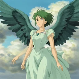 harpy woman, green feathery hair, elegant flowing dress, detailed face, exquisite details, wings outstretched, cloudy sky background, by studio muti, greg rutkowski makoto shinkai takashi takeuchi studio ghibli