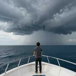 a single man on a boat who is amazed by the beauty of a huge storm in the middle of the sea that is about to absorb him and end his life, painting by gustave courbet, high detail, claude joseph vernet, rembrandt, museum painting, masterpiece