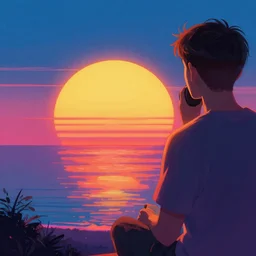 man watching retrowave vintage sunset, big round sun, synthwave, neon, digital painting, artstation