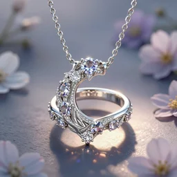 intricate!! organic, nordic wedding ring and necklace, silver gemstones and diamond, isolated on a dreamy floral background, refraction, occlusion, lower and upper levels, keyshot render, octane render, vray render