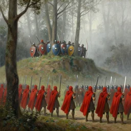 soldiers with shields and swords and bows! hiding behind trees! on an elevated hill in a! misty, foggy! forest looking down on a army of gladiators with red capes, walking on a path through the forest below them.! shiny swords, well equiped. painting by edward hopper, 4 k, realistic, anatomically correct, beautiful