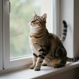 a taby cat stretching on a window sill
