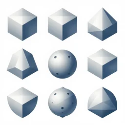 various kinds of separate platonic shapes, digital illustration, isometry, white background, 8 k