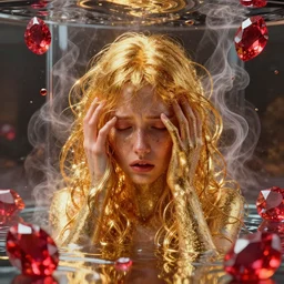 vivid conceptual dream of resonating anxiety, gold, ruby, glass, water, vaporwave, HDR, octane render, 8k, 4k