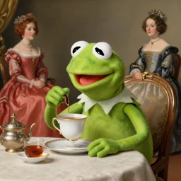 kermit the frog sipping tea with high society as a renaissance painting, snob, nobility, high definition, detailed, clean