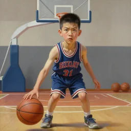 portrait of a boy at a basketball court playing basketball wearing a basketball uniform in a basketball court standing near the basketball hoop, painted in 1842, intense emotion, detailed facial expression, detailed surroundings, intricate, elegant, highly detailed, centered, digital painting, artstation, concept art, smooth, sharp focus, illustration, by (Peter Mohrbacher), WLOP