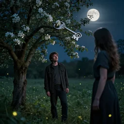 a man is standing by apple tree. he watches a woman who has a very large silver key. folk horror. fine detail. realistic. fireflies. full moon