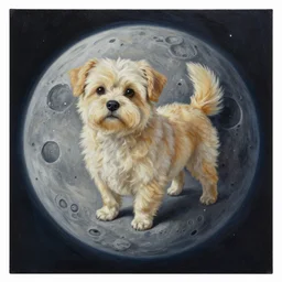 oil painting of a cute surrealistic!!!!!!!! dog on the moon, extremely detailed, sharp focus, wide view, full body shot, smooth, digital illustration, m, james jean, by rossdraws, frank franzzeta, mcbess, sakimichan, brosmin, danton fadeev, steve simpson