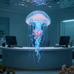 of an alien inspired by the Portuguese man o war jellyfish with a body made from electricity that works as a receptionist at an underwater office