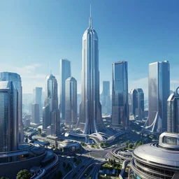 futuristic cyberpunk city panorama, daylight, blue sky, cinematic lighting, blue sky, syd mead, john harris