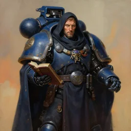 painting of jimmy mcgill from tv show better call saul as a cloaked tech priest holding a book, adeptus mechanicus, cybernetic enhancements, zdzislaw beksinski, lewis jones, dariusz zawadzki, wayne barlow, warhammer 4 0 k, cold hue's, warm tone gradient background, concept art, digital painting