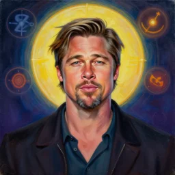 portrait of brad pitt by mandy jurgens, cartoon, oil painting, visionary art, symmetric, magic symbols, holy halo, dramatic ambient lighting, high detail, vibrant colors,