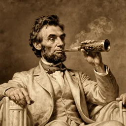 portrait of Abraham Lincoln taking a massive hit from a bong, old oil painting, sepia, earthy colors, historical painting, weed