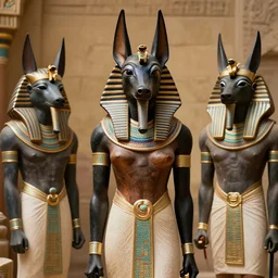 portrait photography if anubis was real, goddess black oni mask, ra anubis, looking towards the camera. egyptian, afro style, anubis family, egyptians worshipping them. high details, humanoid demigod.
