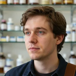 closeup headshot photo of the person who is a pharmacist and a folk singer, glass shelf background by Gregory Crewdson and photography by Laura Pannack, extreme details, Nikon D850, f/3.5, ISO 100