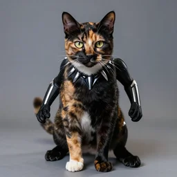 anthropomorphic calico cat cosplaying as black panther, dragoncon, flash photography, full length, 3 5 mm, f / 2. 8