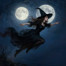 attractive witch magically flying trough the night, fantasy, full moon in background. highly detailed painting by gaston bussiere, craig mullins, j. c. leyendecker 8 k