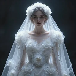 hight focus : a wonderful realistic portrait of a lonely woman with a detailed wonderful symmetrical face who is dressed with a wonderful, majestic, large semi transparent white cotton dress ornate with semi transparent cotton roses and semi transparent white veils, accent white lighting, dramatic light, octane render by roberto ferri, fantasy art, photo realistic, dynamic lighting, unreal engine rendered, artstation, poster, dramatic light - 8 k