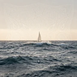 [ palate ] [ muted colors ] sublime psychedelic ocean waves, sailboat in rough seas, paisley skies, backlit, sunrise, refracted lighting, outdoors, paisley patterned clouds in the sky, elegant, 8 k resolution, intricate and fine details, award wining composition, photorealistic illustration, artstation, mario martinez, alphonse mucha