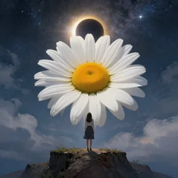 giant white daisy flowers blooming over face, girl standing on cliff, surreal photography, solar eclipse, milky way, dramatic light, impressionist painting, clouds, digital painting, artstation, james gilleard, liam wong, jeremy mann, simon stalenhag