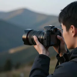 a photographer taking a picture, bokeh, background blur, close up, clean