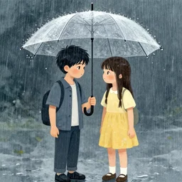 a boy and girl sharing an umbrella in the rain by james jean, detailed illustration