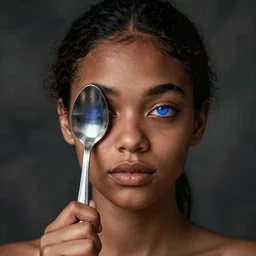 brown girl covering one blue eye with a spoon, photorealistic