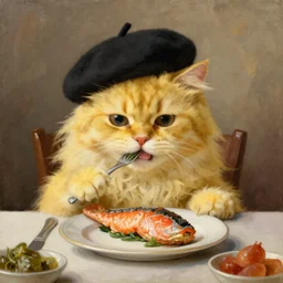 A realistic oil painting of a fluffy yellow cat wearing a beret eating a salmon on the dinner table, in the style of Rembrandt