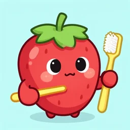 a cute strawberry character with two front teeth, holding a yellow toothbrush, in the style of michael deforge