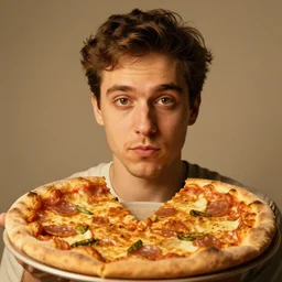 a surreal combination of man and pizza, portrait photo, close up, neutral background, golden lighting, masterpiece, deviantart, acclaimed photo 5 0 mm f / 1. 8, nikon
