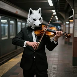 a man in a tux wearing a white wolf mask playing the violin at a dirty metro station, unnerving, dark, disturbing, creepy, at night