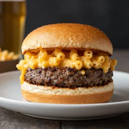 dslr food photograph of hamburger over macaroni and cheese, 4 k award winning 8 5 mm f 1. 8