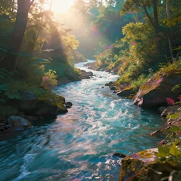 a psychedelic river is bending all laws of physics, sharp focus, very detailed, maximalism, ambient occlusion, volumetric light, sun beam, hyper realism, futuristic and colorful shading, cinematic composition