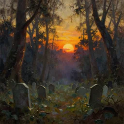 souls graveyard  in moody jungle backlight , sunset  oil painting panorama by  frazetta