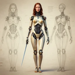 Leonardo De vinci schematics of female android, blade runner style, digital art, unreal engine, trending on artstation