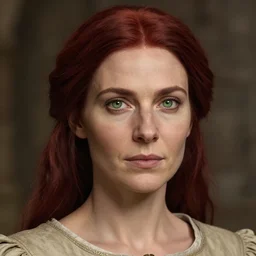 head portrait, full faced, 40 years old women, dark red hair, green eyes, in beige historic clothing, high detail, digital art, medieval fantasy