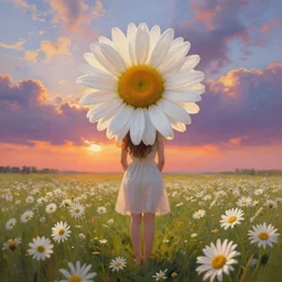 head made of giant daisies, girl standing barefoot in a flower field, arms behind back, surreal photography, sunrise dramatic light, impressionist painting, colorful clouds, large sky, digital painting, artstation, simon stalenhag, flower face