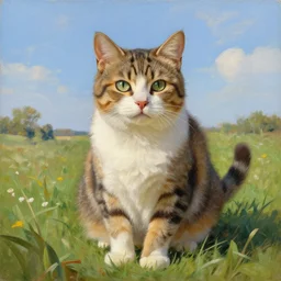 A painting of a cat under the sky in a field, by (Ross Tran, Norman Rockwell, Leonardo da Vinci), very very good detail, Trending on Artstation