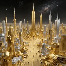 gold and silver tones, cybernetic village on the outskirts of the universe, style of moebius, james jean, mcbess, cinematic, low detail, award winning, 8 k photorealistic