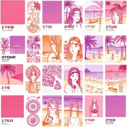arrangement of beach motifs, illustration, vector art, detailed, repeating, seamless, tileable, colors are pantone 2 7 6 c and raspberry and orange and pantone glowing purple and muted red, rebecca alred, melissa sixma, ingrid johnson, paige spearin, avantika subramanian, deepak yadav, abbey holden, erin stein