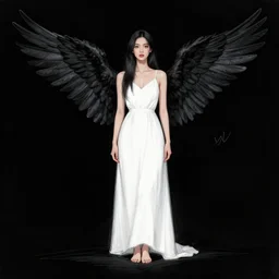 a beautiful woman in a long white dress with black wings and hooves instead of feet stands looking at me, sketch, high contrast, centered, 8 k, trending at artstation, black background