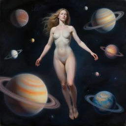 giant woman floating among the planets in the solar system, oil on canvas, intricate, 8k highly professionally detailed, HDR, CGsociety