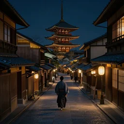 Medieval Kyoto street at night landscape, 8K, trending on artstation, golden ratio, low key, ultra detailed, concept art, art by Jean Giraud