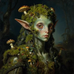 a close - up rococo portrait of an futuristic alien elf - like creature covered in moss, mushrooms, and swamp. night time. rich colors, high contast. gloomy, highly detailed 1 8 th century sci - fi fantasy masterpiece painting by jean - honore fragonard, moebius, and johfra bosschart. artstation