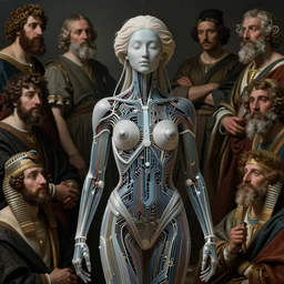 artificial intelligence goddess. circuitry wire musculature by peregrino, tintoretto, van dyke, peter paul rubens, jean baptiste greuze, giovanni battista piazzetta, fayum, diego velazquez, anders zorn, herbert james draper, trending on artstation, highly detailed, hyperrealism, hyper detail