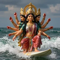 hindu goddess of the waves, multiple faces, summer, photrealistic, surfing