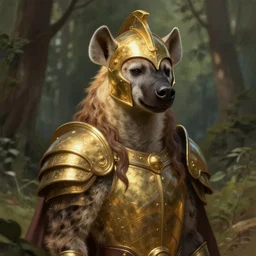 photo of a humanoid hyena were a heroic armour an gold helmet in the forest, long hair, highly detailed, digital painting, artstation, smooth, sharp focus, illustration, art by artgerm and greg rutkowski and alphonse mucha