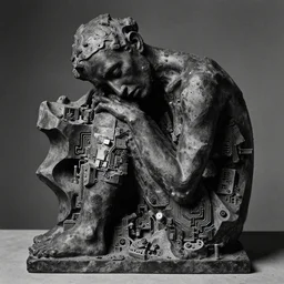 extreme harsh lighting antique photograph of biomorphic surreal sculpture of a body of a survivor in mourning, made of black plaster and old circuitry and stained with charcoal, fractal 3 d structure, sculpted by alexander rodchenko and eva hesse, photographed by francesca woodman, tragic grainy high contrast shocking detail trending on artstation 8 k