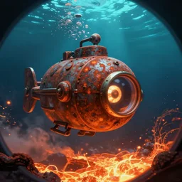 memorable animation key shot, fish eye lens, the rusty robot submarine schwerer gustav!!!! submerged in lava, underlighting, light from below, glowing lava lake, illumination, flames, studio ghibli, pixar, disney concept art watercolor illustration by craig mullins, dean cornwell, nc wyeth, satoshi kon!